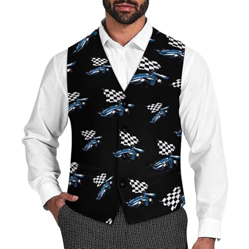 Blue Car with Racing Flag Novelty Men's Suit Vest Casual Formal Dress Vests Business Waistcoat