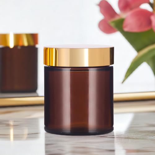(24 pack) 4 oz Amber PET Plastic Jar with Gold Metal Overshell Lid4