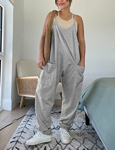 Omoone Loose V Neck Jumpsuits For Women Casual Sleeveless Spaghetti Straps Stretchy Overall Jumpsuit With Pockets (3888-Grey-M) #TOP4