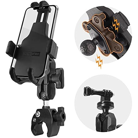 WINDFRD Vibration Dampening Motorcycle Phone Mount with Tough Clamp Base, Anti Vibration Motorcycle Cell Phone Holder with Action Camera Ball Adapter, Fits Motorcycle Handlebar and Harley Davidson Cover