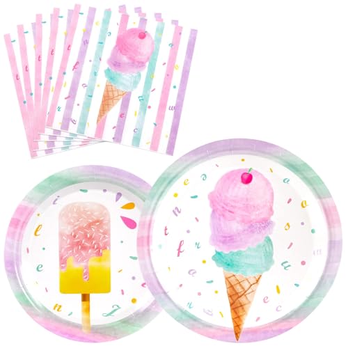 WERNNSAI - WERNNSAI Ice Cream Plates and Napkins - Ice Cream and Popsicle Theme Party Supplies for Women Girls Birthday Baby Shower Disposable Tableware Dinnerware Dessert Plates Luncheon Napkins 16 Guests 48PCS