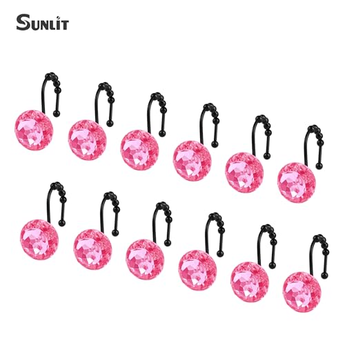 Sunlit Luxury Design Round Hot Pink Diamond Crystal Gem Bling with Glide Balls Shower Curtain Hooks, Rust Proof Metal Rhinestones Glam Shower Curtain Rings with Black Hooks, Set of 12 by Sunlit - Image 3