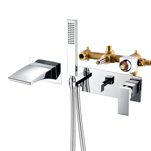 SUMERAIN Wall Mount Tub Faucets, Waterfall Tub Filler Spout with Hand Shower