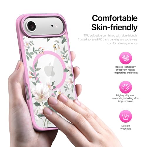 Image of VONZEE Back Cover Case Compatible with iPhone 17 Air Case Luxury Retro Flowers Floral Clear for Magnetic Wireless Charging Case Shockproof PC+TPU Cute Glossy Shiny Cover for Girls Women, 6.6'' Pink