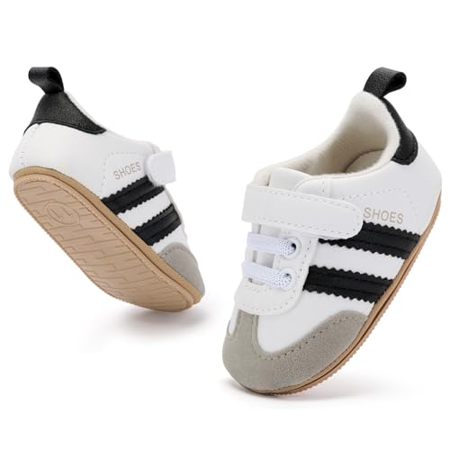 BACSAC Baby Shoes for Boys Girls Non Slip Low Top Infant Walking Shoes Breathable Comfort Toddler Walker Shoes Pull On Newborn Baby Sneakers(White Black,9-12 Months)