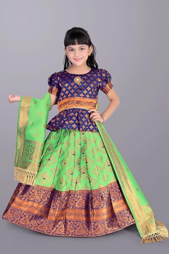 Image of Girls Pattu Pavadai Ready to Wear Lehenga, Blouse & Dupatta Set - Heavy Jacquard Fabric, Fully Stitched