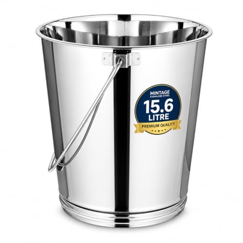 Image of Mintage Stainless Steel Bucket for Bathroom 15.6 litres Capacity | Water Storage Bucket for Kitchen | Balti for Serving | Leak Proof Multipurpose Use | Balti for Home Steel Buckets with Handle