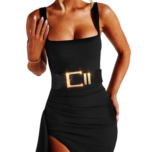 Ursumy Women Wide Elastic Belts Gold Buckle Belt Fashion Stretchy Waist Belts for Dresses