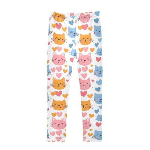 Colorful Cat Love Heart Girls Leggings Ultra Soft Compression Yoga Gym Pants for Kids 4-10T