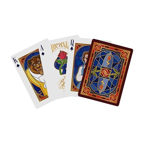 Image of Bicycle Disney Beauty and the Beast Playing Cards Belle Beast Collectible | Gold-foiled tuck case, Custom court cards with Belle Beast Mrs Potts and Lumiere, Enchanted rose back, Made in USA