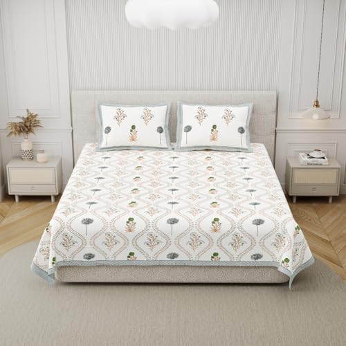 Image of DE CAMA Since 1997 | 100% Cotton 300 TC Premium Super King Size Bedsheet for Double Bed (108 x 108 Inch) with 2 Pillow Covers Set (17 x 27 Inch) Hand Block Printed Bedsheet Set - Urbana White