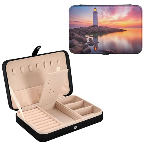 Haskirky Lighthouse Jewelry Box Portable PU Leather Travel Jewelry Organize for Women Jewelry Storage Display Holder for Ring, Necklace, Earring