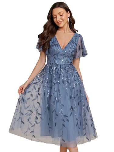 Elegantielementi: Questo elegante e chic abito da sera in paillettes a forma di foglia presenta una doppia scollatura a V davanti e dietro e maniche corte. La pelle esposta conferisce un aspetto glamour e sexy. Le paillettes sull'orlo aggiungono un senso di arte e romanticismo, facendovi distinguere dalla massa.