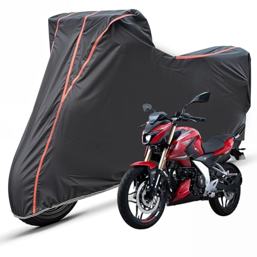 Image of Two Wheelers Bike Body Cover Compatible for Bajaj Pulsar 150, UV Resistant, Dustproof, Triple Stitched, Elastic Bottom, Red Piping Motorcycle Cover (Black, Pack of 1)