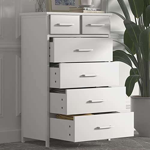 Image of IKENO 6 Drawer Wood Dresser for Bedroom, Industrial Wood Storage Dresser Clothes Organizer, Storage Dresser with Sturdy Steel Frame