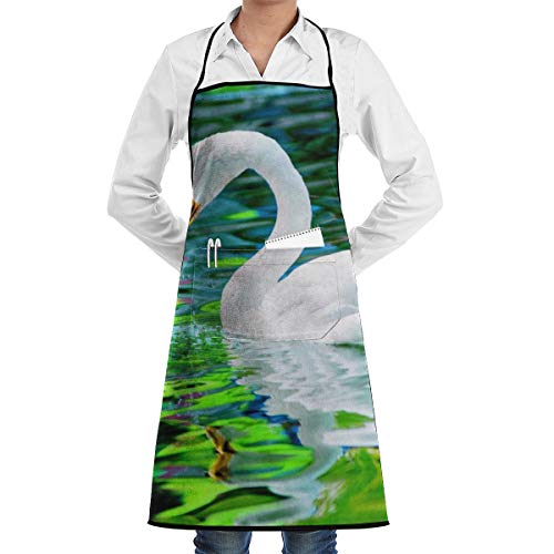Vicrunning Green Lake White Swan Aprons Bib for Mens Womens Cute Lace Adjustable Adult Kitchen Waiter Aprons with Pockets