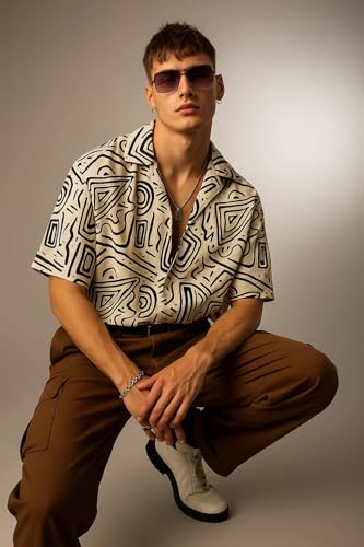 Image of Veirdo Poly Cotton Oversized Loose Baggy Fit Drop Shoulder Cool and Stylish Abstract Print Men Camp Collar Shirt