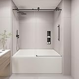 KPUY Tub Shower Door, 55-60' W x 60' H Frameless Sliding Bathtub Door, 1/4' (6mm) Thick Tempered Clear Glass with Explosion-Proof Film Nano Coating, Stainless Steel Frame, Matte Black