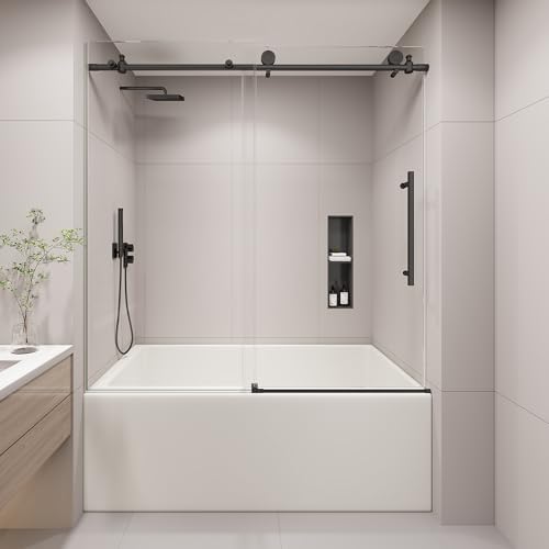 KPUY Tub Shower Door, 55-60' W x 60' H Frameless Sliding Bathtub Door, 1/4' (6mm) Thick Tempered Clear Glass with Explosion-Proof Film Nano Coating, Stainless Steel Frame, Matte Black