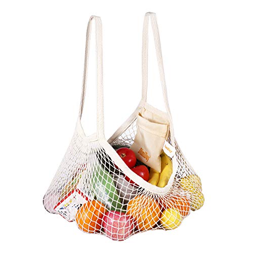 DimiDay - Bolsa de tela de algodón reutilizable para compras de comestibles y playa, almacenamiento, fruta, verduras y juguetes (mango largo grande)