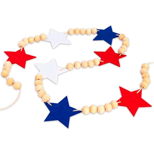 MUWEOL 4th of July Patriotic Garland - Wood Bead Garland for Mantel Red White Blue Felt Stars, Americana Home Decor Banner,Patriotic Bunting for Wall or Mantle