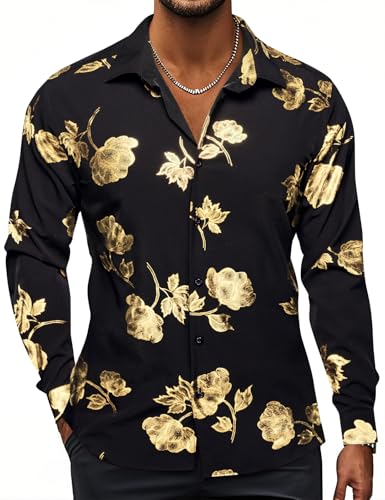 Hi-Tie Mens Black Dress Shirts Golden 3D Printed Shiny Floral Slim Fit Long Sleeve Button Down Party Disco Performing Shirt