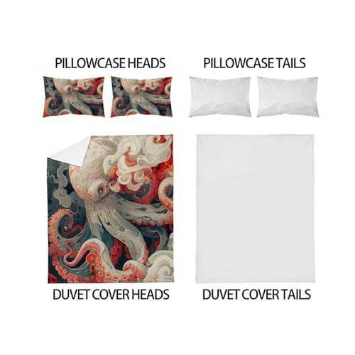 Housse de couette double pieuvre rouge en microfibre 200x200cm avec 2 taies