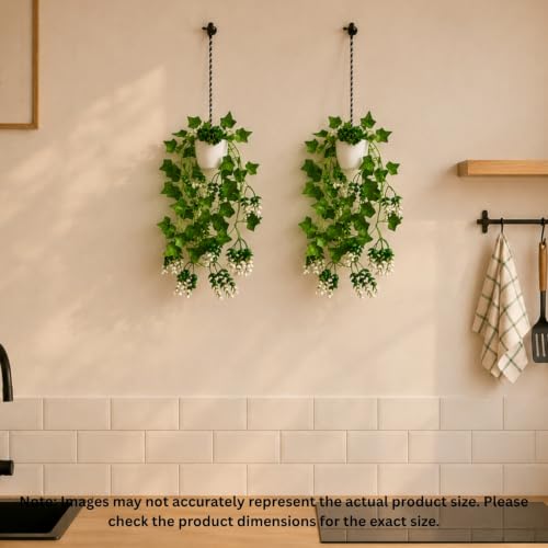 Image of fancymart Artificial Hanging Ivy Plant with White Hanging Pot & Rope, 60 cm Height, Pack of 2, Realistic Green Leaf Creeper for Home, Office, Living Room & Wall Decor