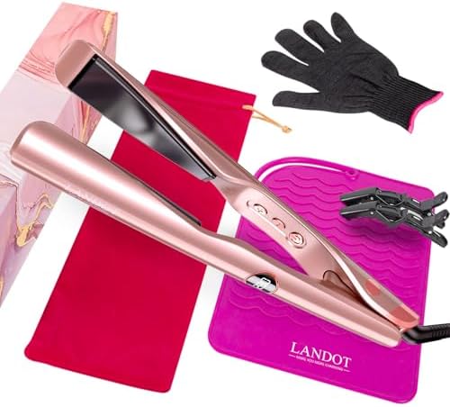 LANDOT 2-in-1 Hair Straightener and Curling Iron: Twist Flat Iron Curler for Curl Wave Straighten - Ceramic Straightening Iron Dual Voltage 12 Temp 250-450F for Smooth Curls & Sleek Straight Results