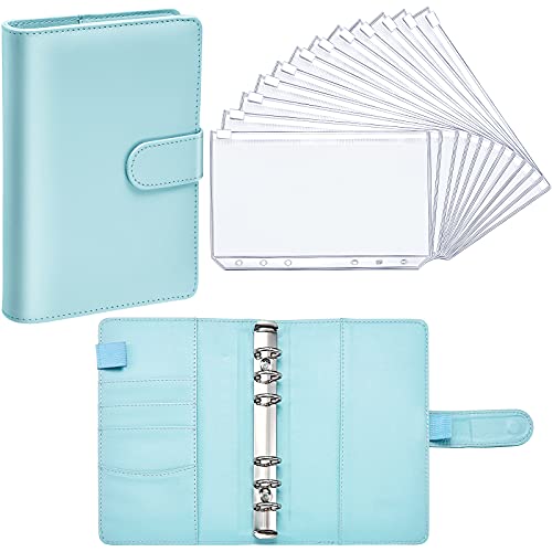 PU Leather Notebook Binder Budget Planner Binder Cover with 12 Pieces Binder Pocket Personal Cash Budget Envelopes System 6 Hole Binder Zipper Folder (Mint Blue Cover with Clear Sheet,A6)