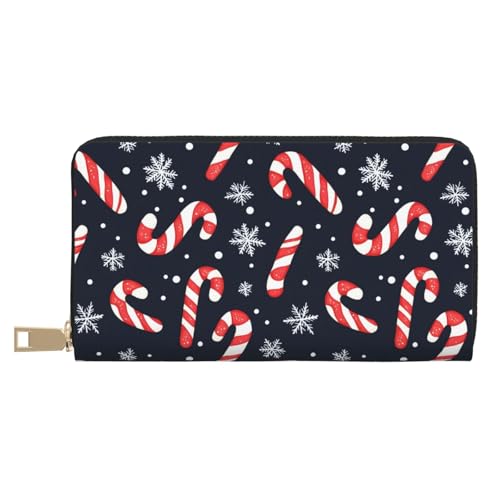 Leather Thin Slim Wallets for Women Men - Fashion Candy Cane Snowflakes Print Card Wallet Holder with Zipper