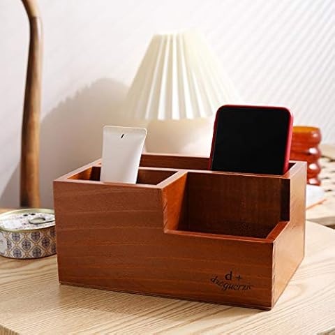 Vintage Wooden 3 Compartment Desktop Office Supplies Storage Organizer / Remote Control Caddy Cover