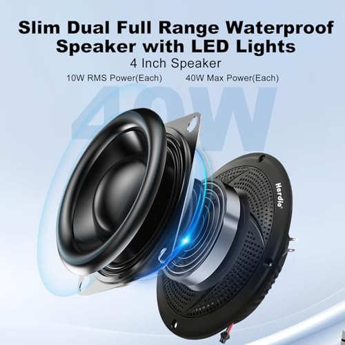 Image of Herdio 4 inch Bluetooth Marine Speakers, Low Profile Slim Design with LED Lights, 80W 2-Way Weather Resistant Outdoor Audio, Suitable for Boat, RV, UTV, ATV, Golf Cart (2-Pack, Black)