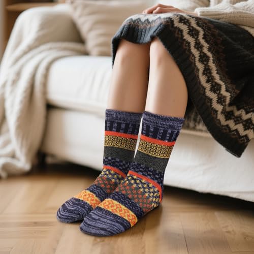 Riqiaqia 5 Paar Winter Merino Wool Socken Damen Warme Dicke Bunte Thermosocken Wollsocken Stricksocken Gemütlich und Atmungsaktive, Damen Geschenk Socken Einheitsgröße