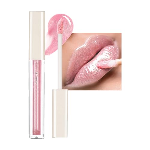 Pink Shimmer Liquid Lipstick High-Shine Glitter Lip Gloss Long Lasting Waterproof Non-Sticky, Sparkle Shiny Lip Plumper Glossy Finish Liquid Lipstick Tinted Lip Balm for Women