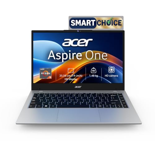 Image of Acer Smartchoice Aspire One, AMD Ryzen 5-40,Office 2024 + M365 Basic, 8GB LPDDR5 RAM / 256GB SSD, 14.0 inch /35.56cm WXGA Display, Win 11 Home, Pure Silver, 1.48KG, A114-43, Thin and Light Laptop