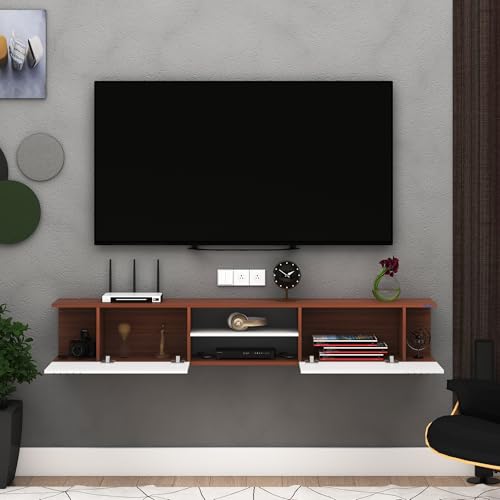 Image of Anikaa Nimbus Wall Mount TV Unit Cabinet | Modern Entertainment Center with Storage, Drawers, Shelves & Soft-Close Doors | Stylish Floating TV Stand for Up to 50 inch TVs - Walnut /White (DIY Installation)