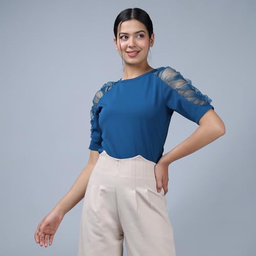 Image of Noble Monk Women's Solid Stretchable Top | Round Neck Half Sleeve | Regular Fit Top for Women
