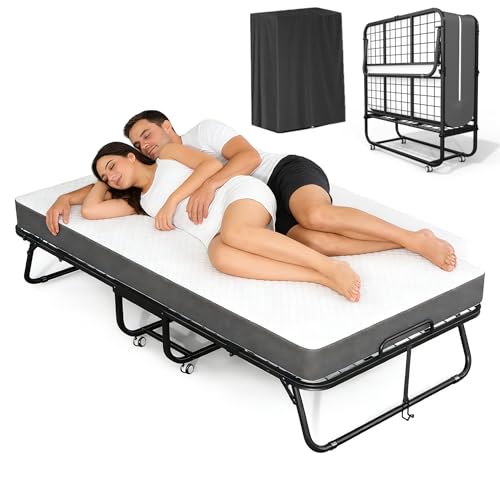 SUNCROWN 75” x 38” Folding Bed with Mattress, Portable Rollaway Twin Folded Beds, Space-Saving Sturdy Metal Frame, Fold up Bed with 5 Memory Foam Mattress, Hideaway, Fold Up, Roll Away