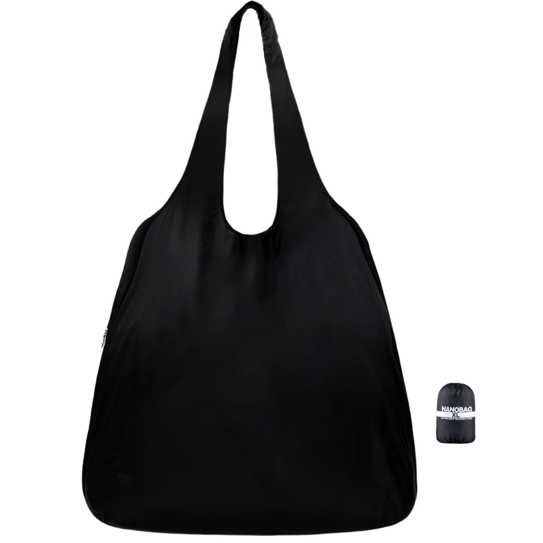 Nanobag Ultralight Heavy Duty Foldable Tote for Women & Men, Reusable Grocery & Travel Bag, Packable Collapsible Compact Market Essential (XL Black)