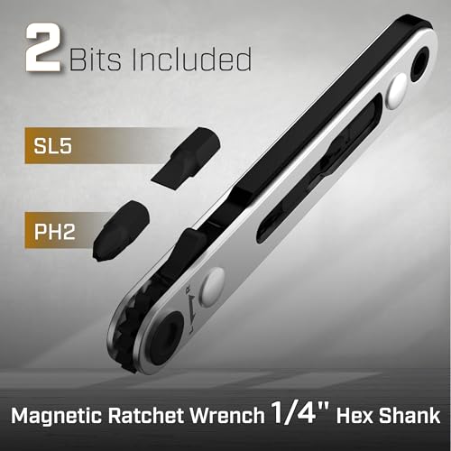 Image of Bates- Mini Ratchet Wrench, 1 /4 inch Magnetic 90 Degree Screwdriver, Black, Low Profile Right Angle Screwdriver for Tight Spaces (Pack of 2)
