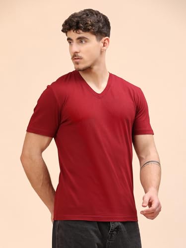 Image of Men's Cotton V-Neck T-Shirt-Soft, Breathable, Plain Solid Casual Tee for Everyday Wear & Layering