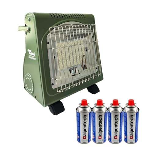 Alpen Camping - Riscaldatore a gas da 1700 W + 4 cartucce gas butano, riscaldatore supplementare per esterni, verde con sicurezza termocoppia ODS