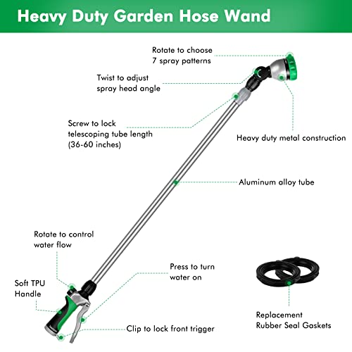 Restmo 36”-60” (3Ft-5Ft) Metal Watering Wand, Long Telescopic Tube | 180° Adjustable Ratcheting Head | 7 Spray Patterns | Flow Control, Perfect Garden Hose Sprayer To Water Hanging Baskets, Shrubs #TOP1