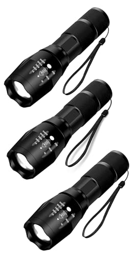 XML T6 LED Battery Powered ZOOM Torch, Super Bright 2000 Lumen Tactical Torch, Hand Flashlight, Adjustable Focus, Waterproof Small Mini Pocket Torch, Strobe SOS Safety Function (Pack of Three Torches)