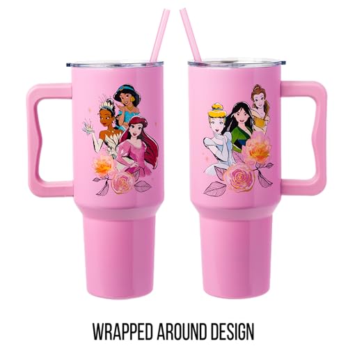 Image of Silver Buffalo Disney Princess Featuring Cinderella, Mulan, Belle, Ariel, Tiana, and Jasmine Double Walled Stainless Steel Tumbler with Handle and Straw, Fits in Standard Cup Holder, 40 Ounces