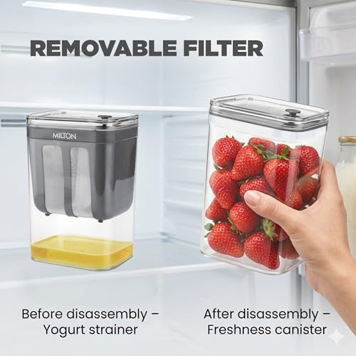 Image of MILTON 2 in 1 Greek Yogurt & Hung Curd Maker with Fine Mesh Strainer & Lid | Whey Separator | Hung Curd Strainer Box | for Homemade Yogurt, Curd, Paneer, Cheese & More | 1100ml | Grey