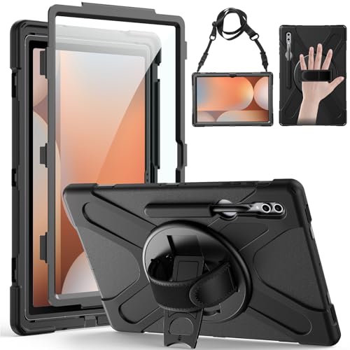 Gerutek Case for Samsung Galaxy Tab S10 Ultra/ S9 Ultra/ S8 Ultra 14.6 Inch Full-Body Drop Protective Case with Screen Protector Pencil Holder 360 Rotating Handle Stand Strap Black