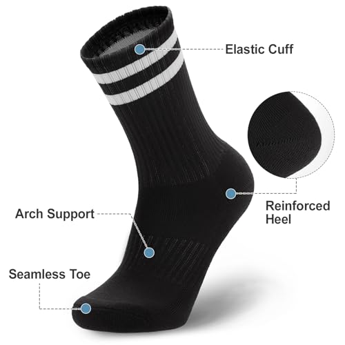 Image of Ultrafun 5 Pairs Striped Crew Socks Cotton Cushioned Athletic Sports Running Socks for Men Women Teens