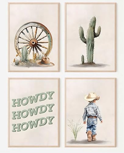 Image of ZLYARTMP 4Pcs Western Cowboy Nursery Wall Art Cactus Desert Posters Pictures Howdy Beige Paintings Cowboy Kid Canvas Prints for Baby Boy Room Decor and Children Wall Decor Unframed